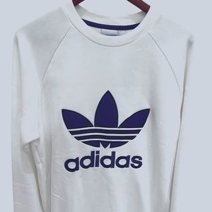Adidas Originals EC3665 Crew Sweatshirt White Big Purple Trefoil Logo L LARGE